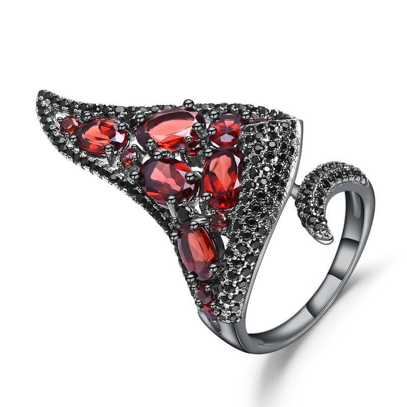 Italian Craft Designer Open Ring 925 Silver Natural Garnet Ring - Rhyme - and - Chain