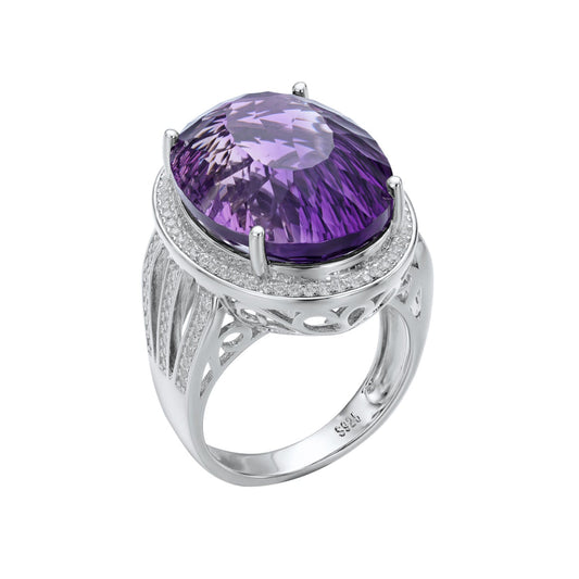 Large Denier Shaped Natural Amethyst Ring S925 Silver Set Crystal - Rhyme - and - Chain