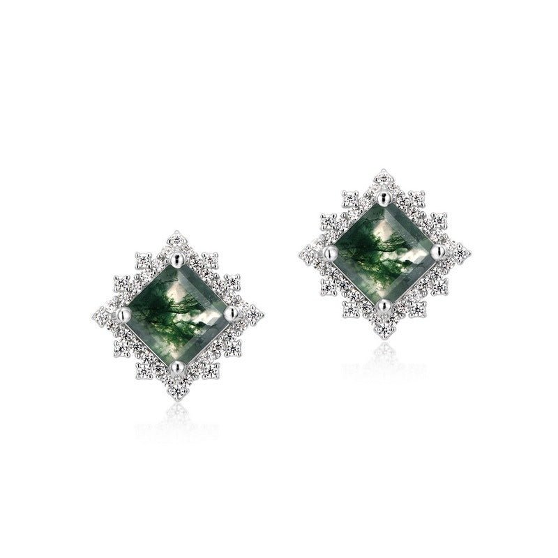 Light Luxury Green Moss Square Water Plants Agate Stud Earrings - Rhyme - and - Chain