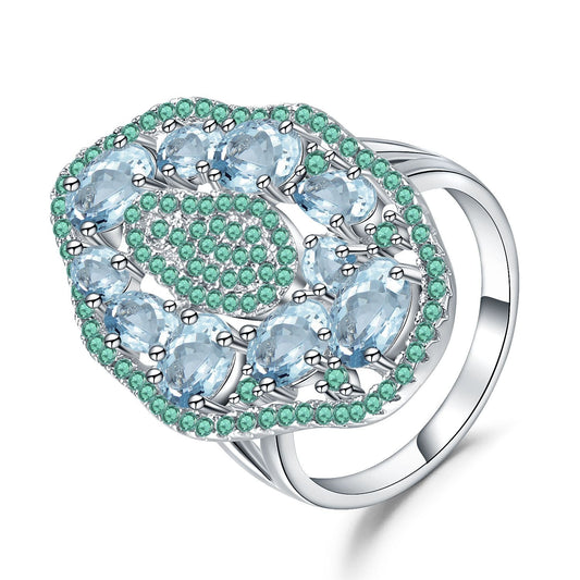 Lotus Leaf Shape Design Natural Blue Topaz Silver Ring - Rhyme - and - Chain