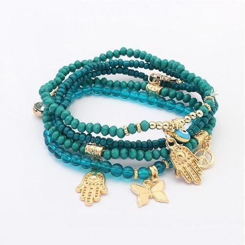 Lucky Kabbalah Hamsa Third Eye Butterfly Charm Multilayer Turkish Bead Bracelet - Rhyme - and - Chain