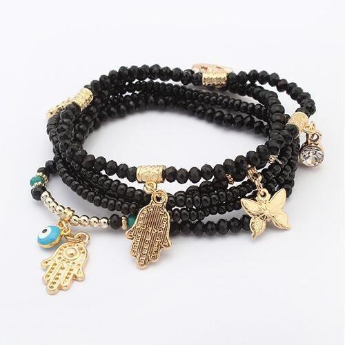 Lucky Kabbalah Hamsa Third Eye Butterfly Charm Multilayer Turkish Bead Bracelet - Rhyme - and - Chain