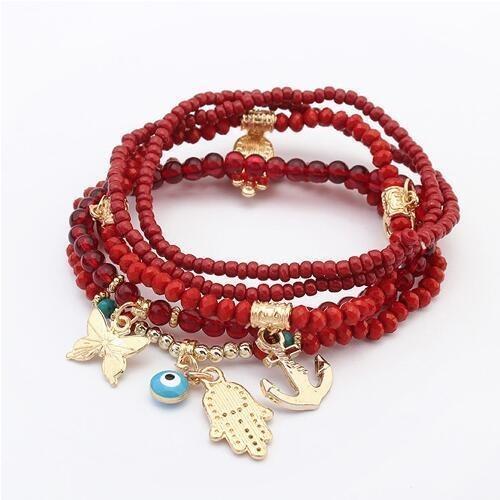 Lucky Kabbalah Hamsa Third Eye Butterfly Charm Multilayer Turkish Bead Bracelet - Rhyme - and - Chain