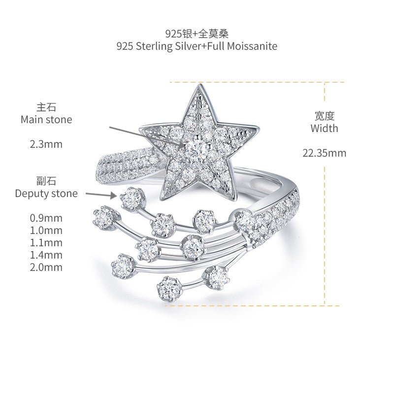 Moissanite 925 Sterling Silver Pentagram Ring Star - Rhyme - and - Chain