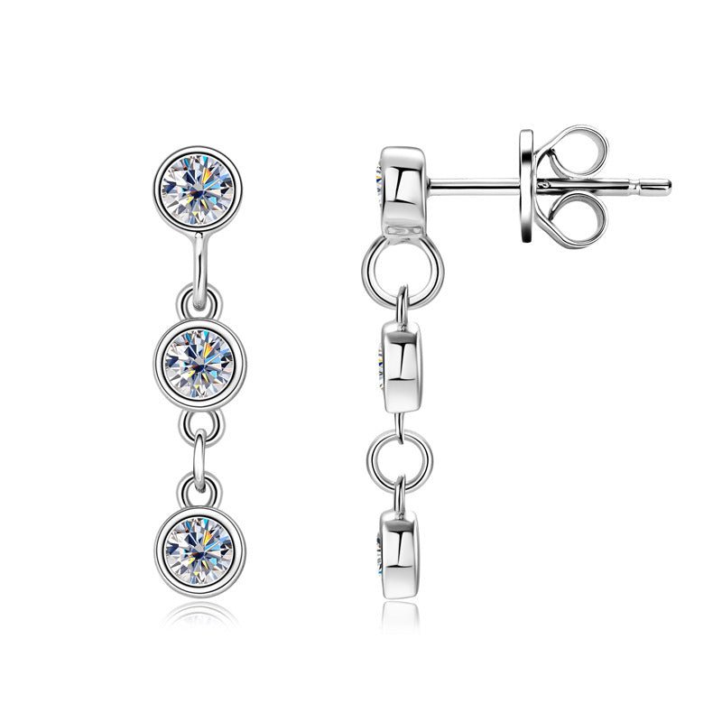 Moissanite Bezel Stud Earrings Tassel Eardrops S925 Sterling Silver - Rhyme - and - Chain