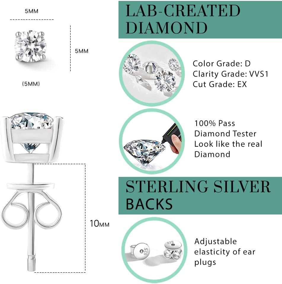 Moissanite Earrings Lab Created Diamond 925 Sterling Silver Stud - Rhyme - and - Chain