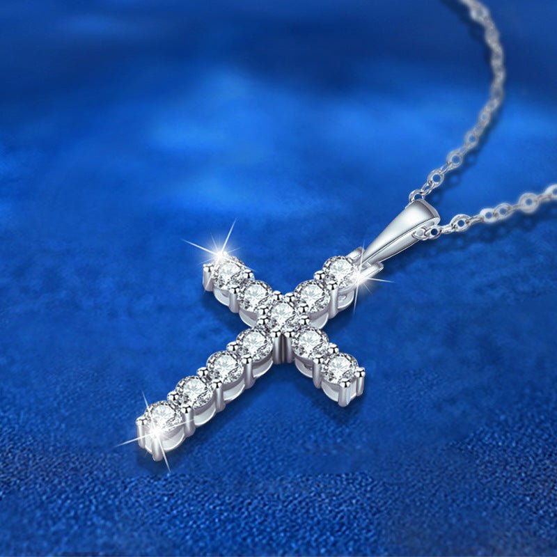 Moissanite Necklace 925 Sterling Silver Cross Pendant For Women - Rhyme - and - Chain