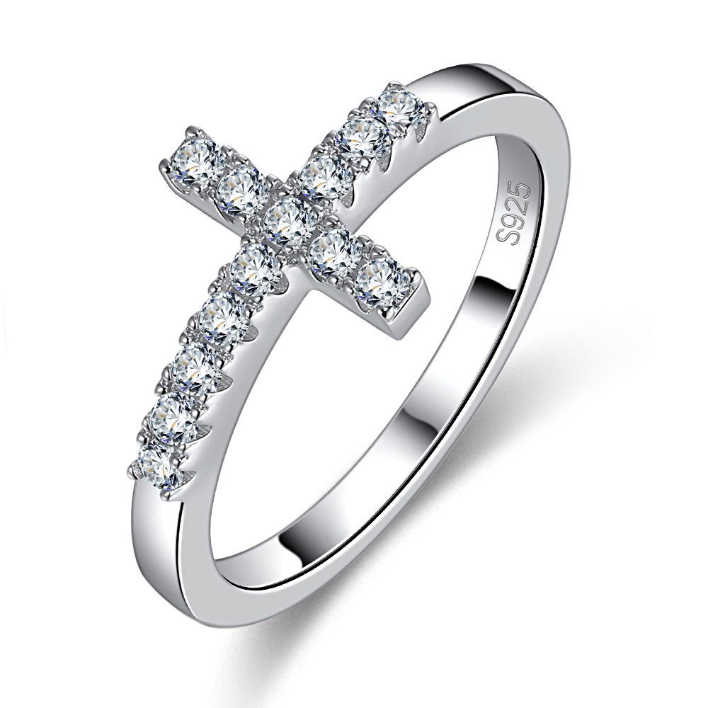 Moissanite Sterling Silver Sideways Cross Rings 925 Eternity Promise Infinity Wedding Band - Rhyme - and - Chain