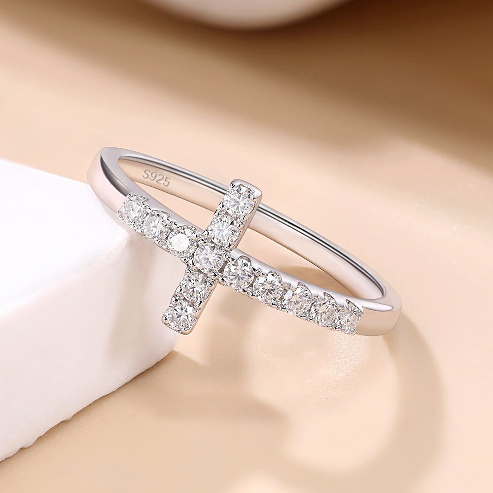 Moissanite Sterling Silver Sideways Cross Rings 925 Eternity Promise Infinity Wedding Band - Rhyme - and - Chain