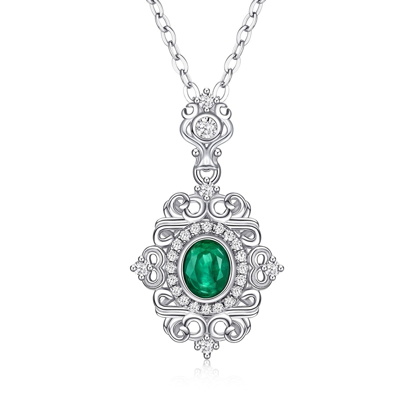 Natrual Emerald Vintage Lace Design S925 Silver Necklace - Rhyme - and - Chain