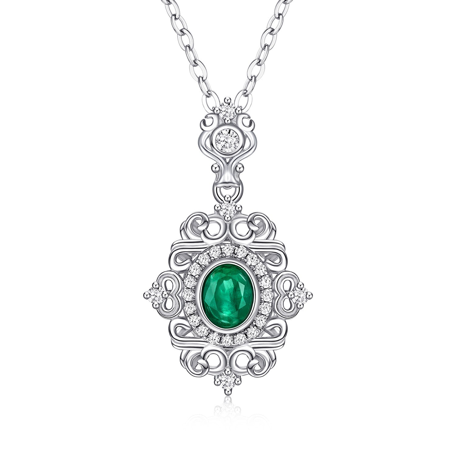 Natrual Emerald Vintage Lace Design S925 Silver Necklace - Rhyme - and - Chain