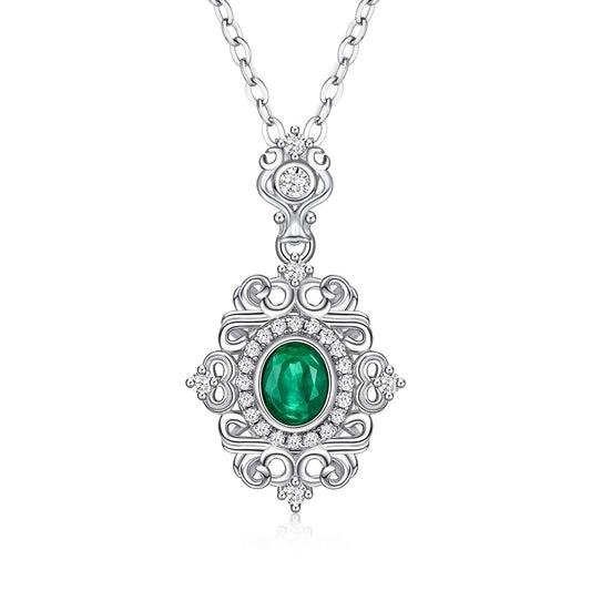 Natrual Emerald Vintage Lace Design S925 Silver Necklace - Rhyme - and - Chain