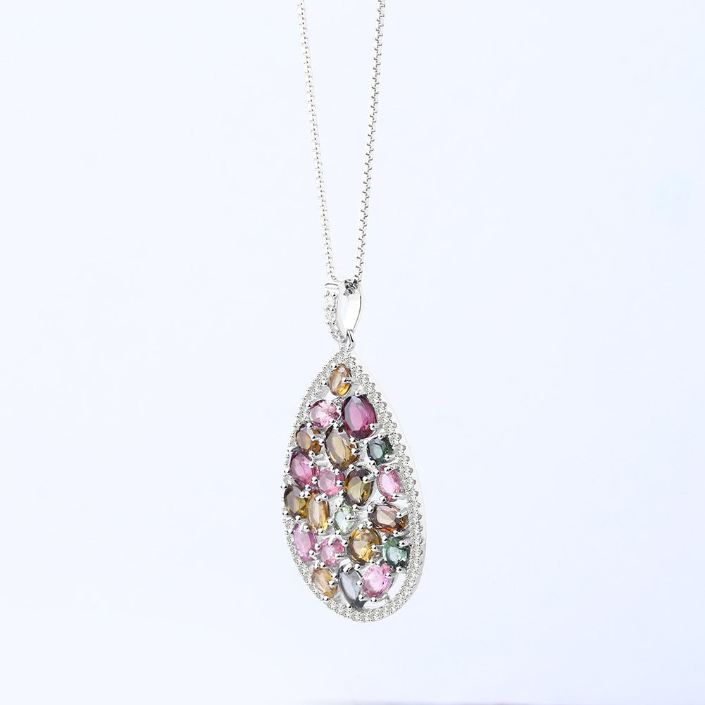 Natural Colorful Tourmaline Anti Tarnish Drop Pendant Necklace S925 Silver - Rhyme - and - Chain