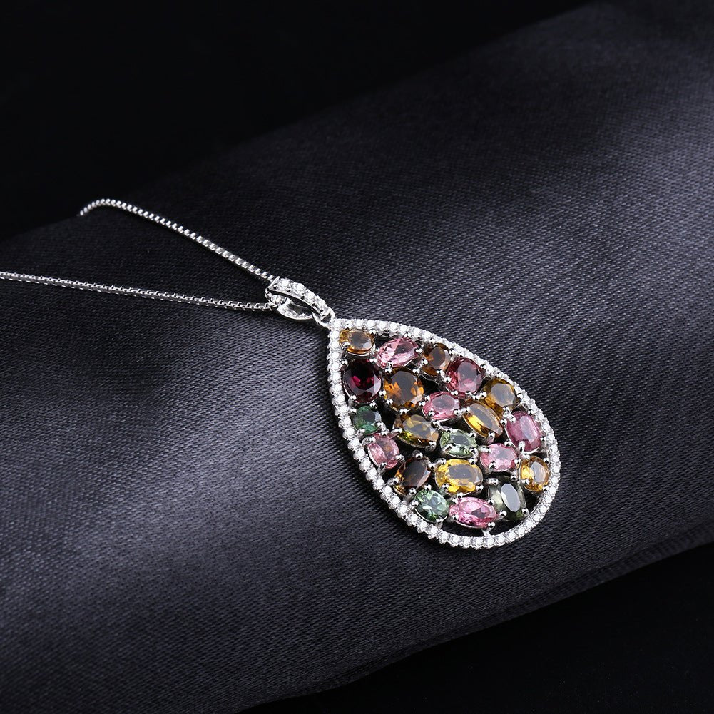 Natural Colorful Tourmaline Anti Tarnish Drop Pendant Necklace S925 Silver - Rhyme - and - Chain