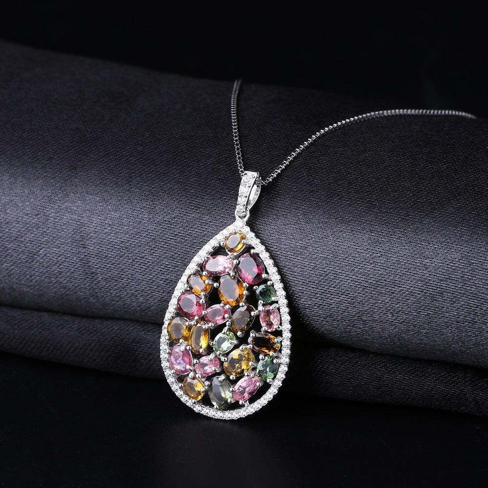 Natural Colorful Tourmaline Anti Tarnish Drop Pendant Necklace S925 Silver - Rhyme - and - Chain