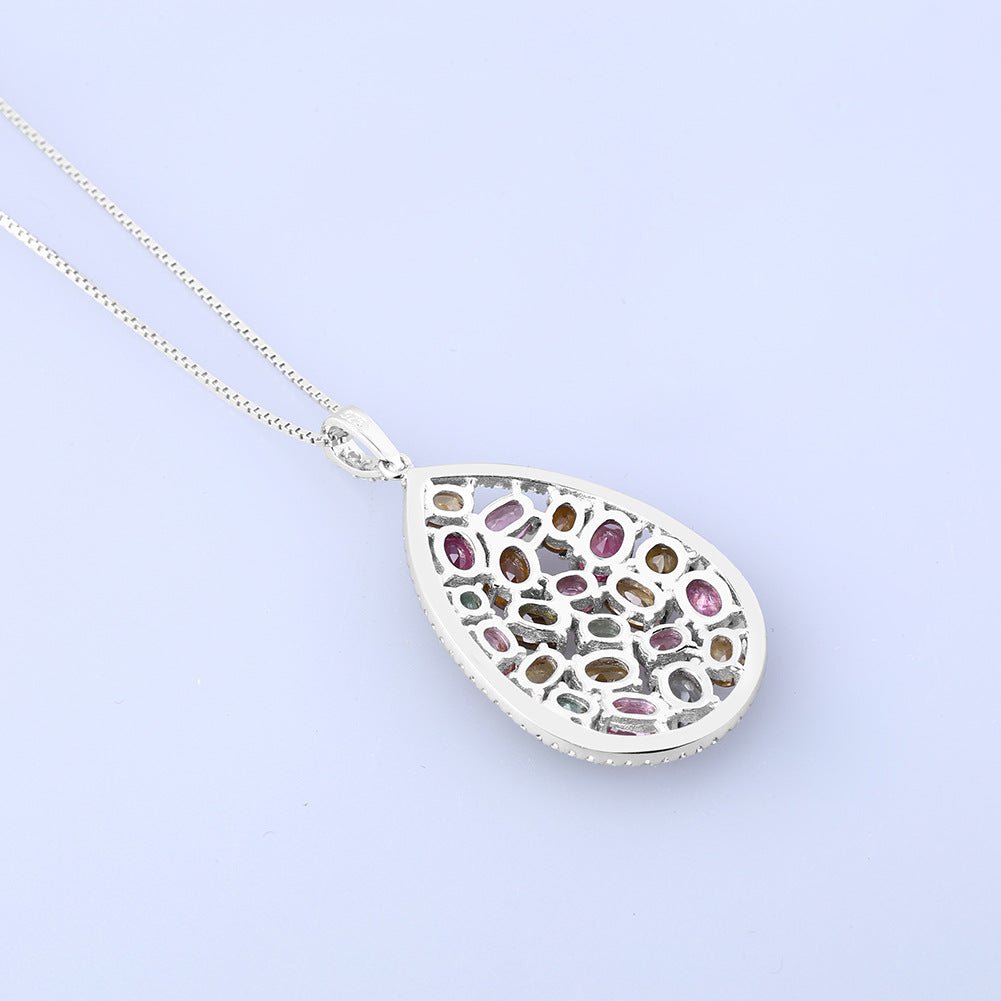 Natural Colorful Tourmaline Anti Tarnish Drop Pendant Necklace S925 Silver - Rhyme - and - Chain