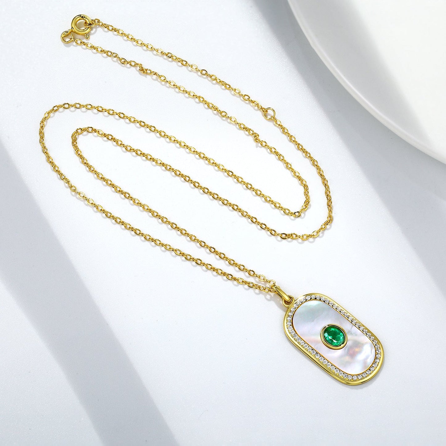 Natural Emerald Round Card Shaped Pendant S925 Silver Fritillaria Necklace - Rhyme - and - Chain