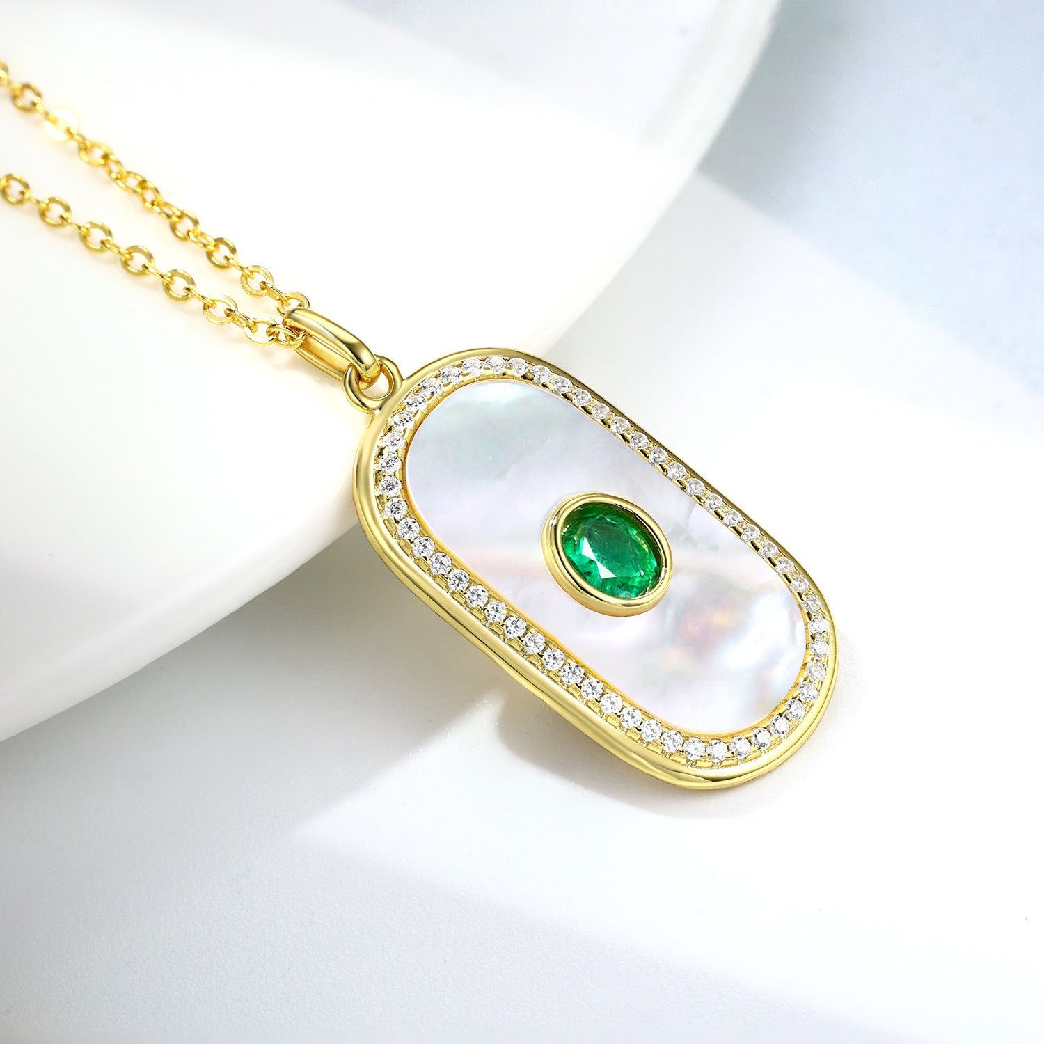 Natural Emerald Round Card Shaped Pendant S925 Silver Fritillaria Necklace - Rhyme - and - Chain