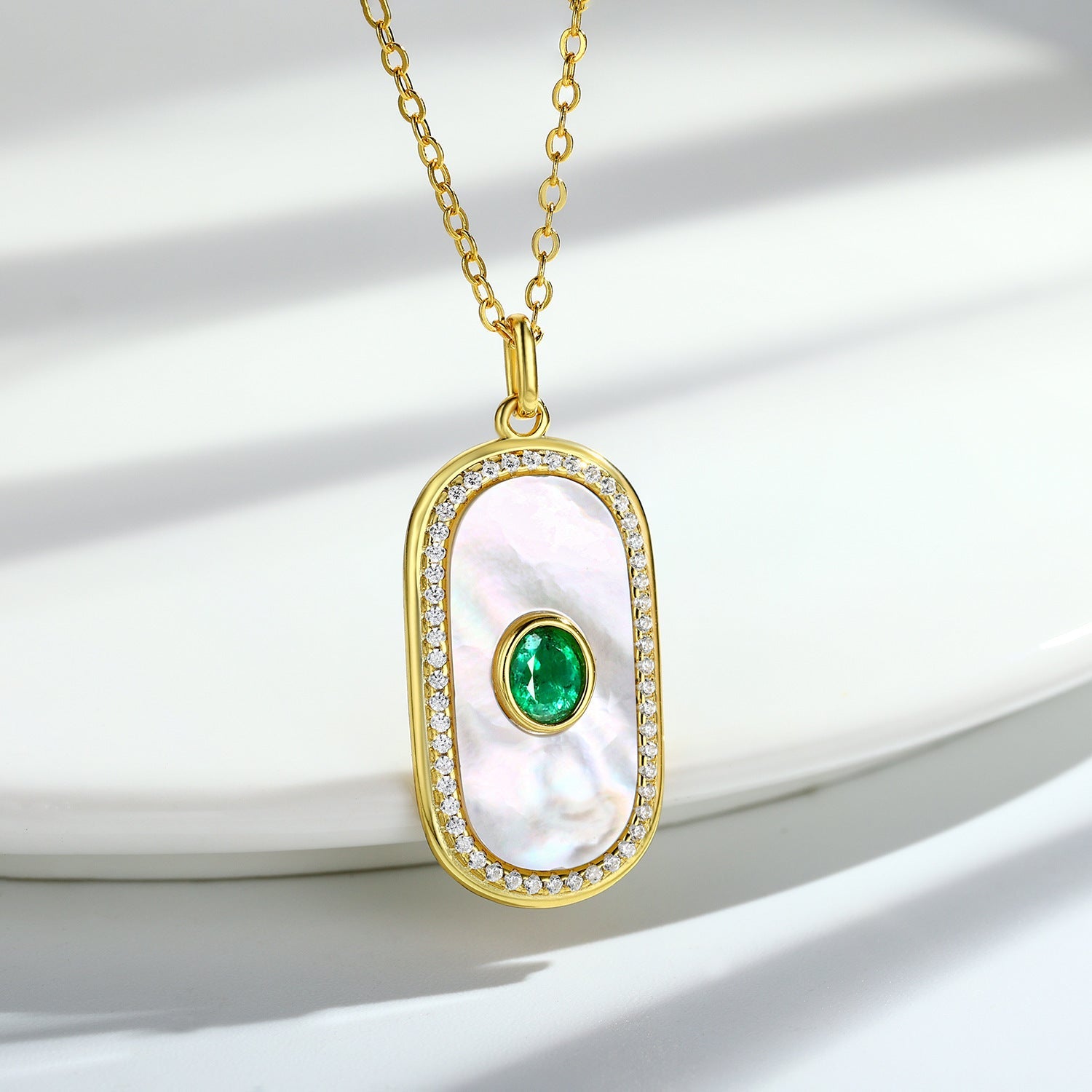 Natural Emerald Round Card Shaped Pendant S925 Silver Fritillaria Necklace - Rhyme - and - Chain