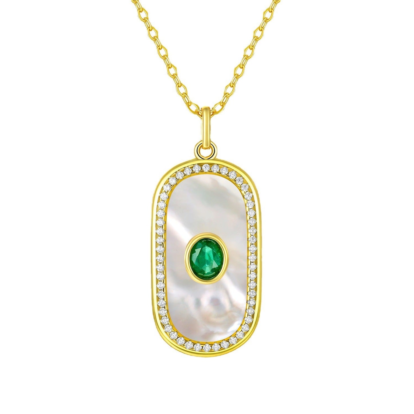 Natural Emerald Round Card Shaped Pendant S925 Silver Fritillaria Necklace - Rhyme - and - Chain