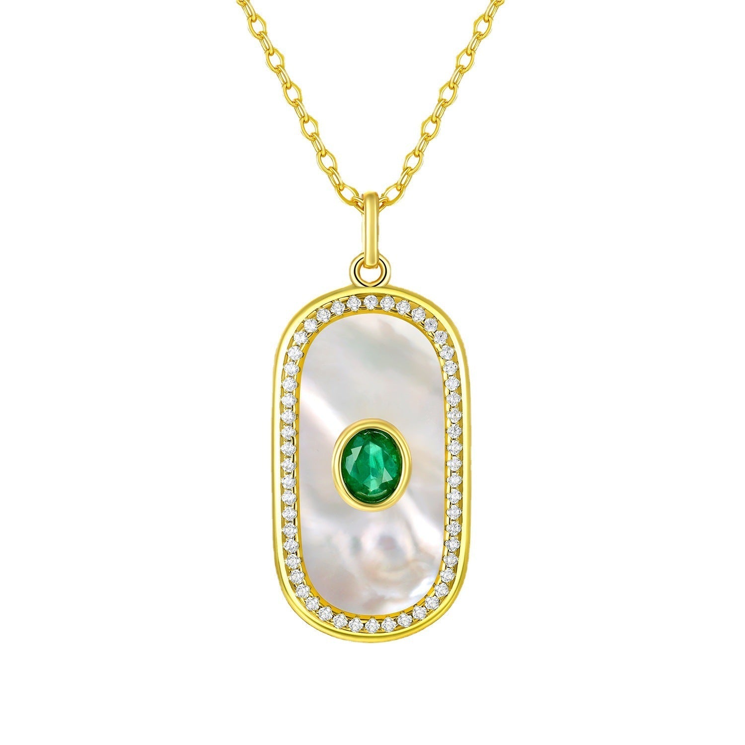 Natural Emerald Round Card Shaped Pendant S925 Silver Fritillaria Necklace - Rhyme - and - Chain