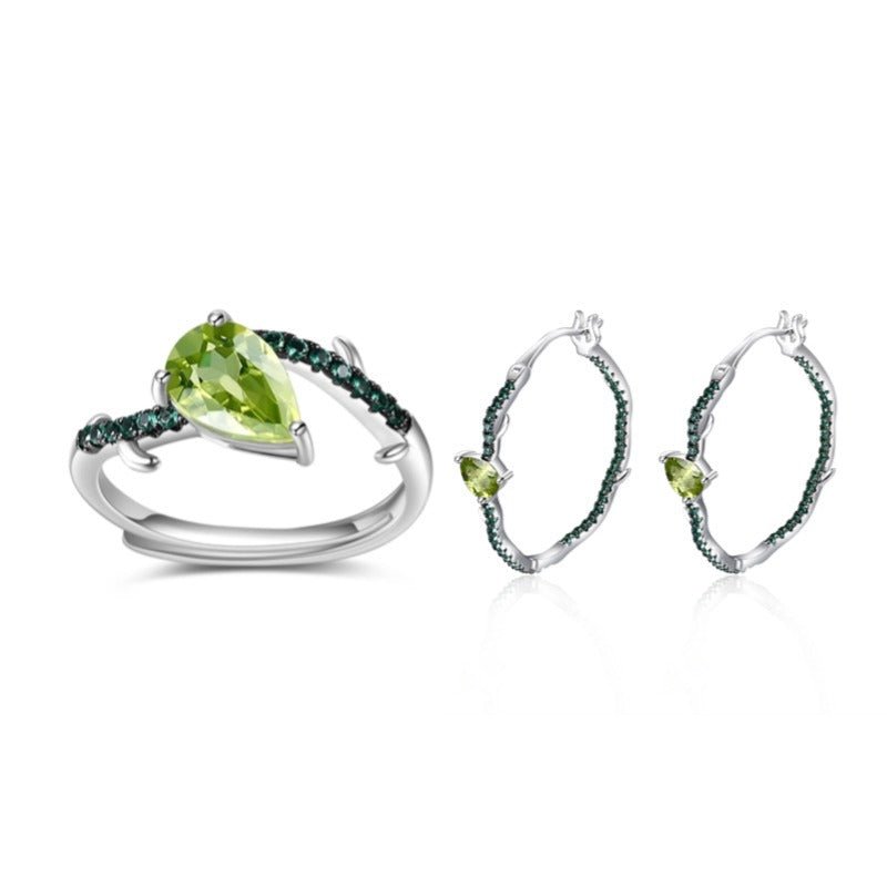 Natural Peridot S925 Sterling Silver Adjustable Ring Earrings Jewelry Set - Rhyme - and - Chain