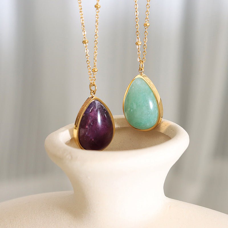 Natural Raw Gemstone Clavicle Chain Drop - shaped Oval Pendant Necklace - Rhyme - and - Chain