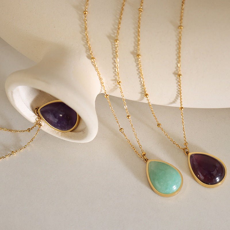 Natural Raw Gemstone Clavicle Chain Drop - shaped Oval Pendant Necklace - Rhyme - and - Chain