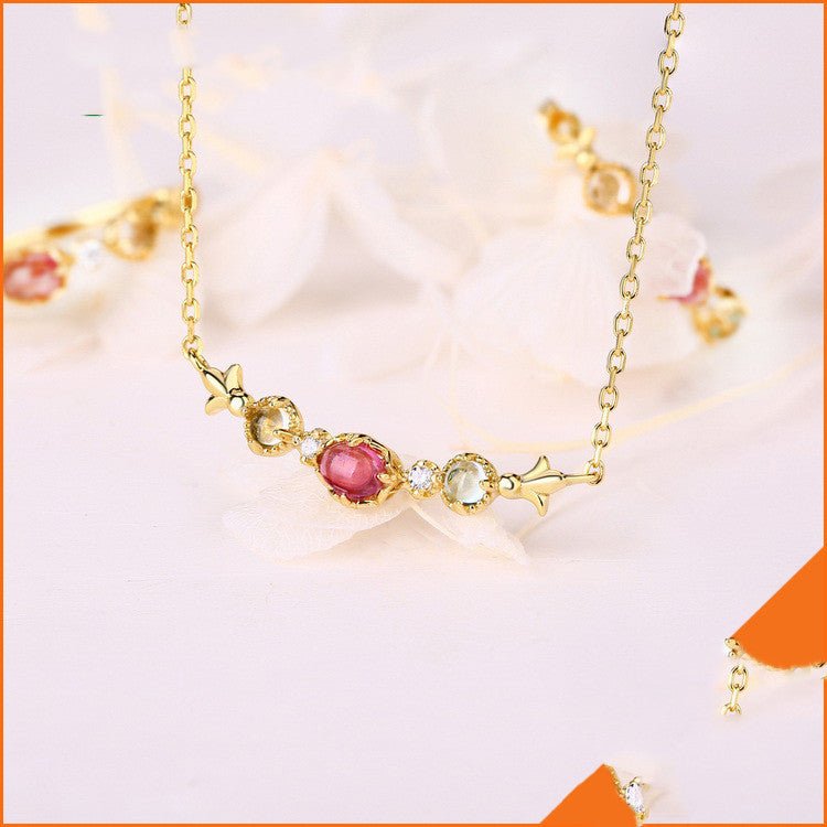 Natural Red Tourmaline 925 Sterling Silver Topaz Lemon Crystal Clavicle Necklace - Rhyme - and - Chain