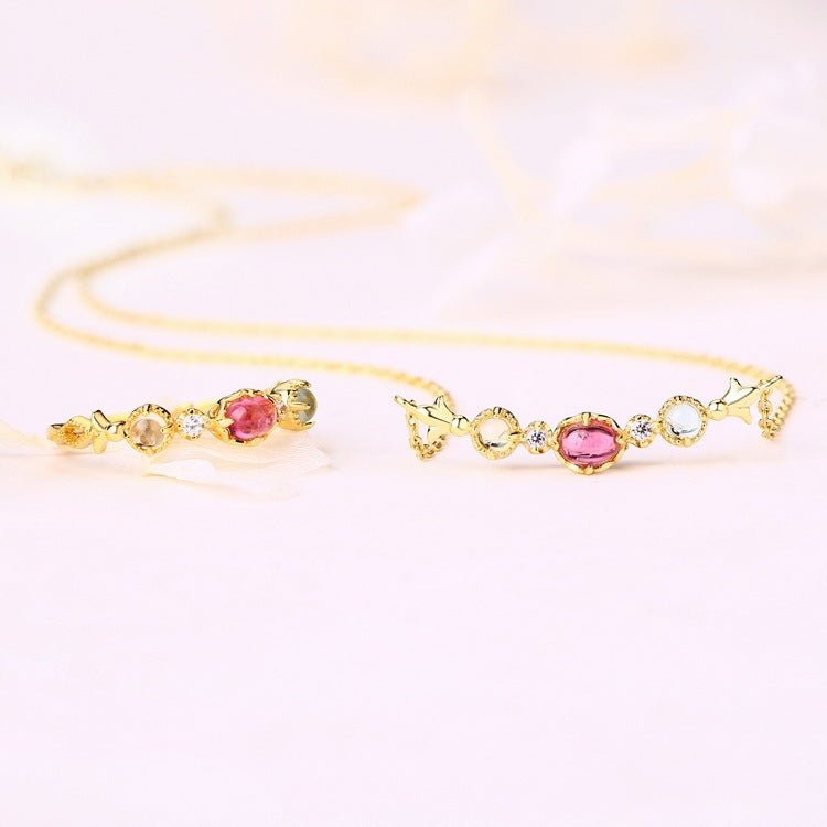 Natural Red Tourmaline 925 Sterling Silver Topaz Lemon Crystal Clavicle Necklace - Rhyme - and - Chain