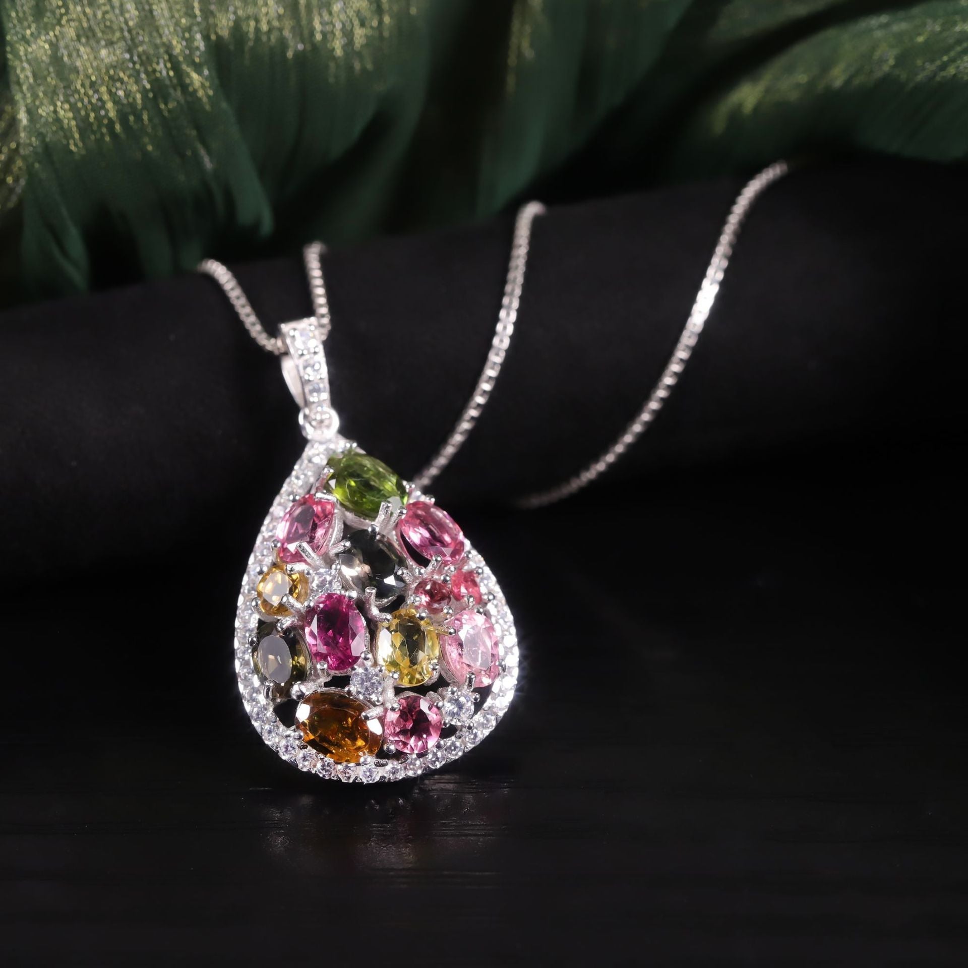 Natural Tourmaline Pendant Necklace S925 Silver Rainbow Birthstone - Rhyme - and - Chain