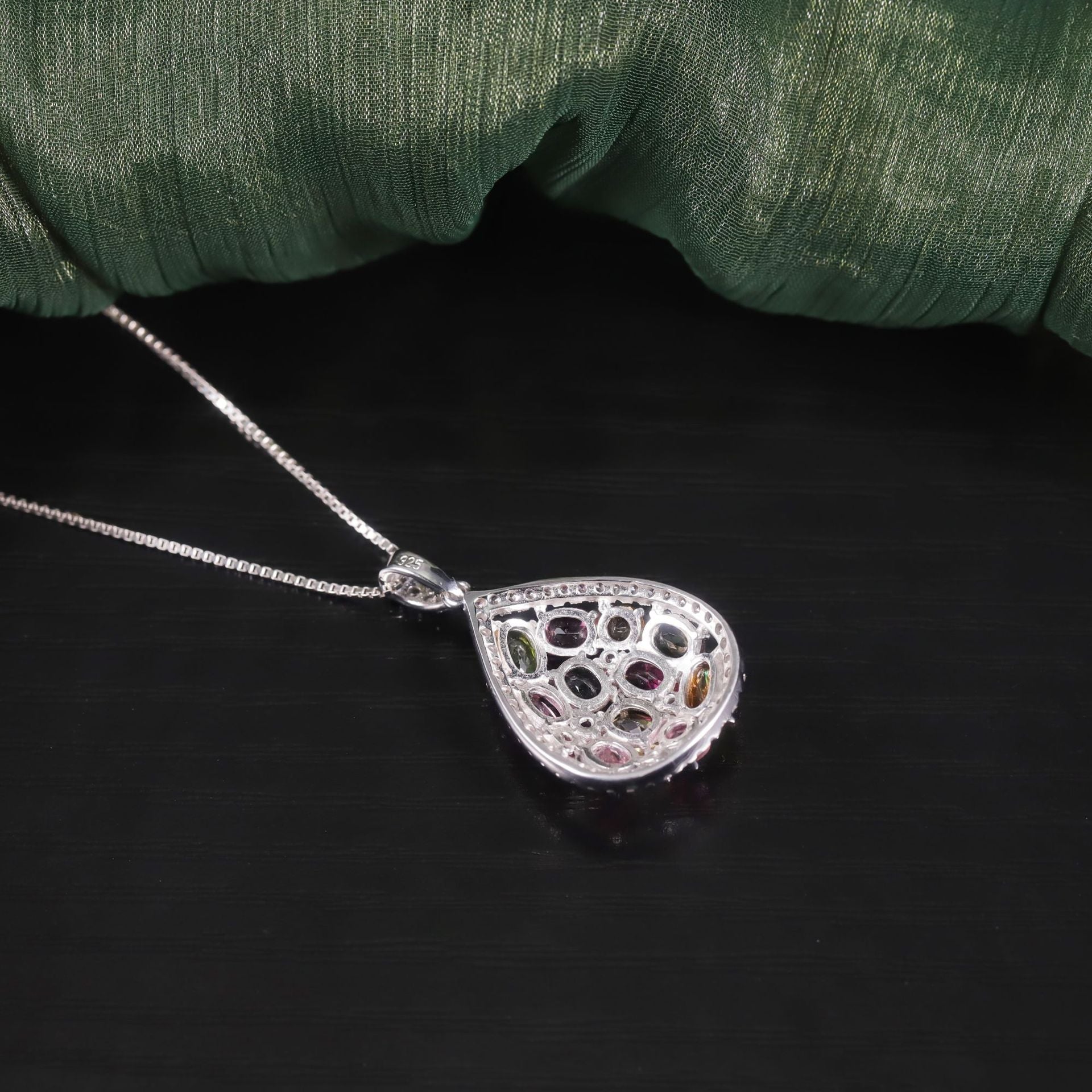 Natural Tourmaline Pendant Necklace S925 Silver Rainbow Birthstone - Rhyme - and - Chain