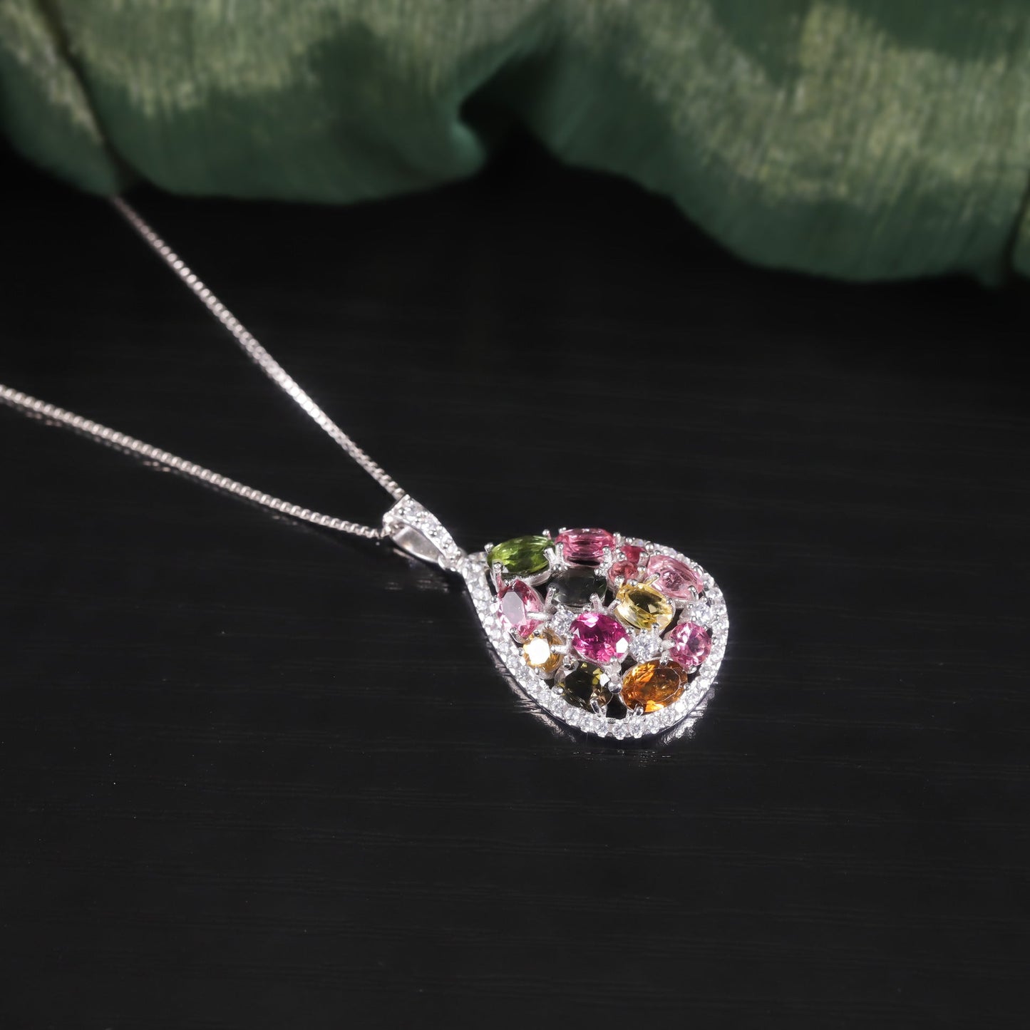 Natural Tourmaline Pendant Necklace S925 Silver Rainbow Birthstone - Rhyme - and - Chain