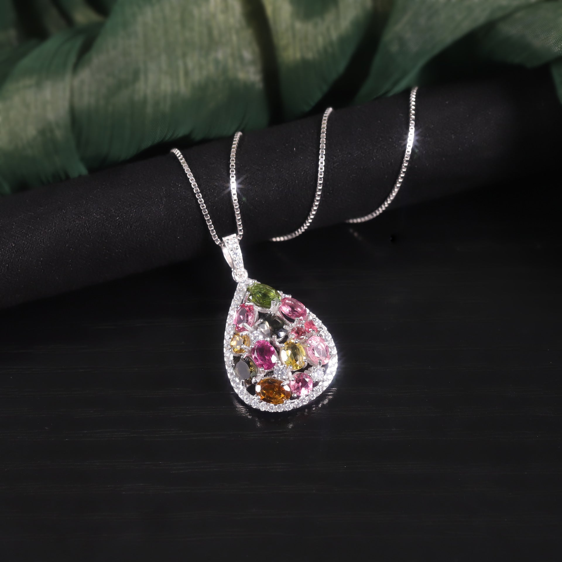 Natural Tourmaline Pendant Necklace S925 Silver Rainbow Birthstone - Rhyme - and - Chain