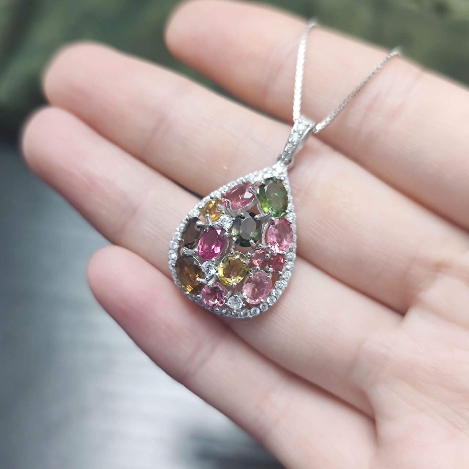 Natural Tourmaline Pendant Necklace S925 Silver Rainbow Birthstone - Rhyme - and - Chain