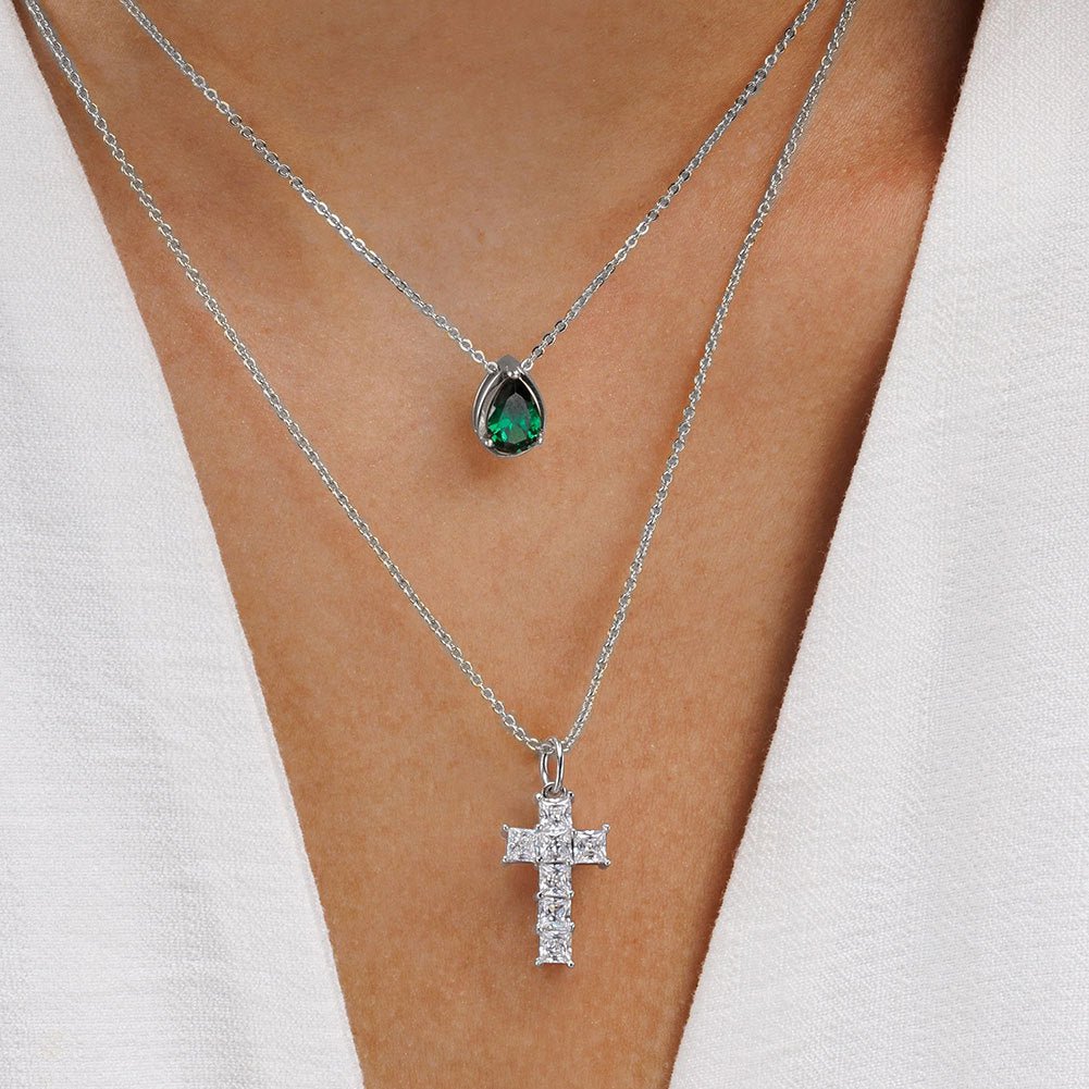 New 925 Sterling Silver Necklace 8A Super Flash Zircon Cross Pendant Necklace - Rhyme - and - Chain