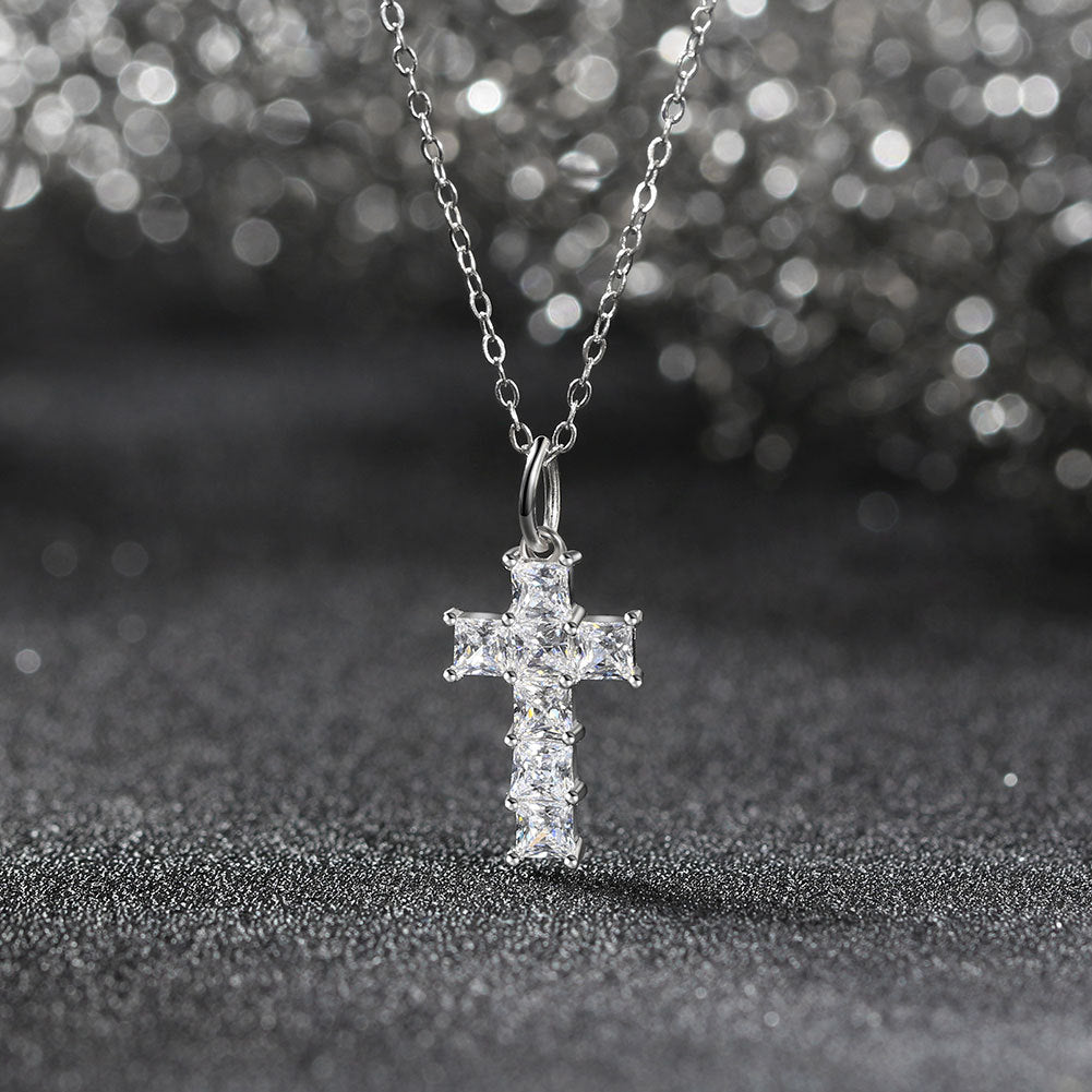 New 925 Sterling Silver Necklace 8A Super Flash Zircon Cross Pendant Necklace - Rhyme - and - Chain