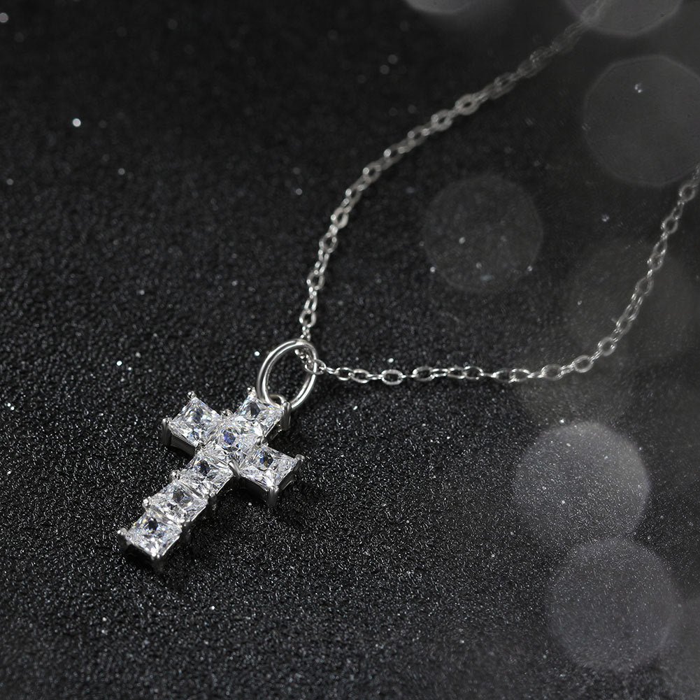 New 925 Sterling Silver Necklace 8A Super Flash Zircon Cross Pendant Necklace - Rhyme - and - Chain