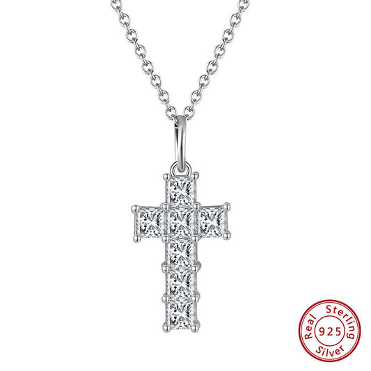 New 925 Sterling Silver Necklace 8A Super Flash Zircon Cross Pendant Necklace - Rhyme - and - Chain