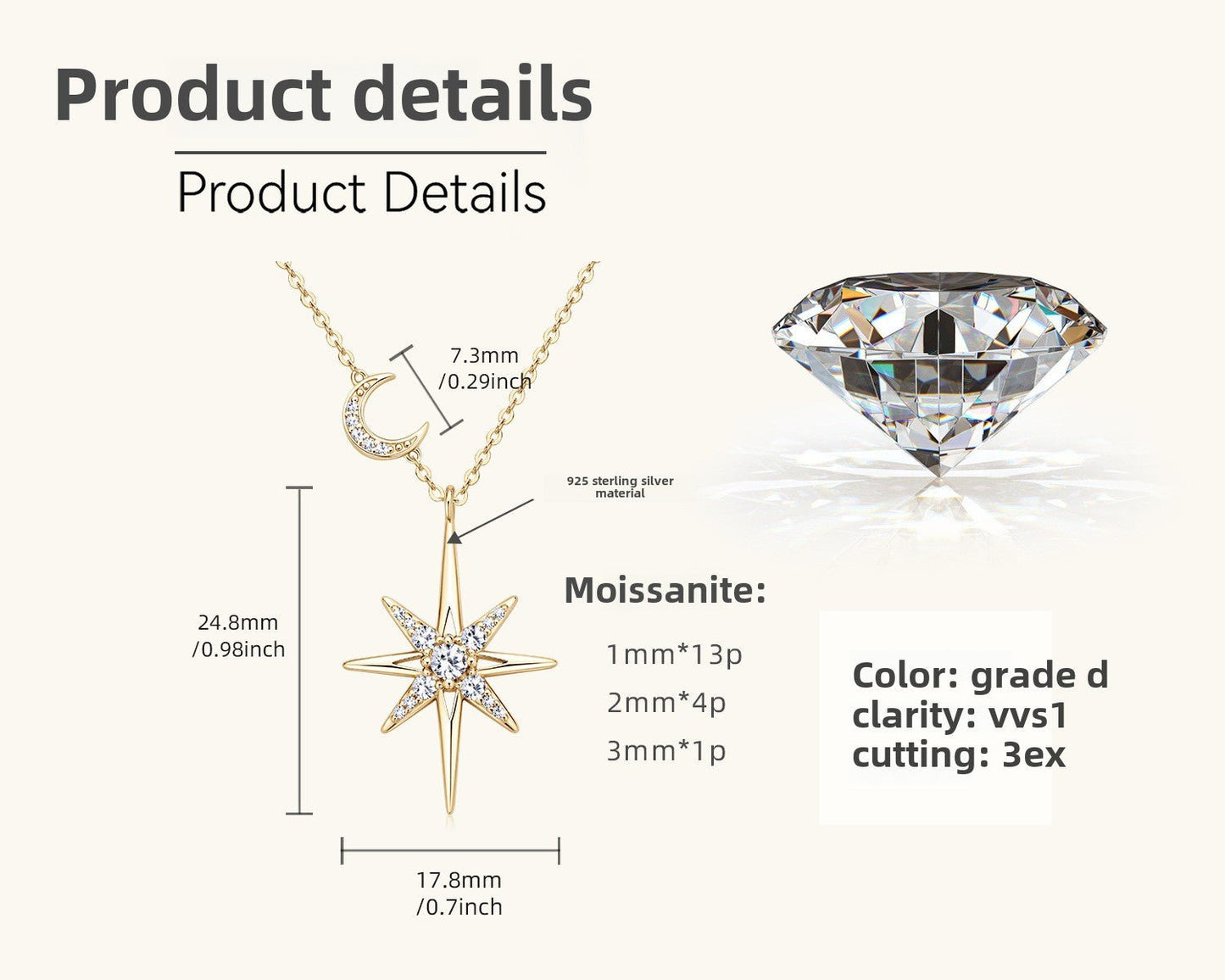 Octagram Moissanite Necklace Star Pendant Sterling Silver Clavicle Chain - Rhyme - and - Chain