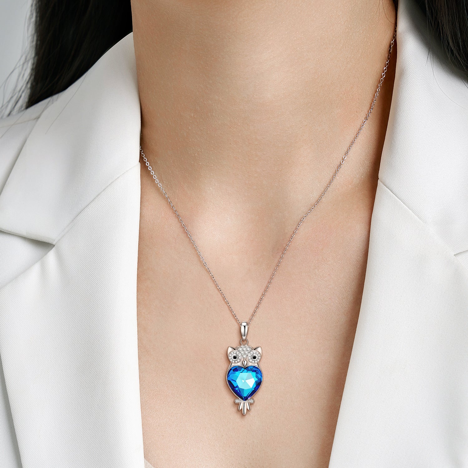 Owl S925 Silver Blue Crystal Necklace Pendant With Love - Rhyme - and - Chain