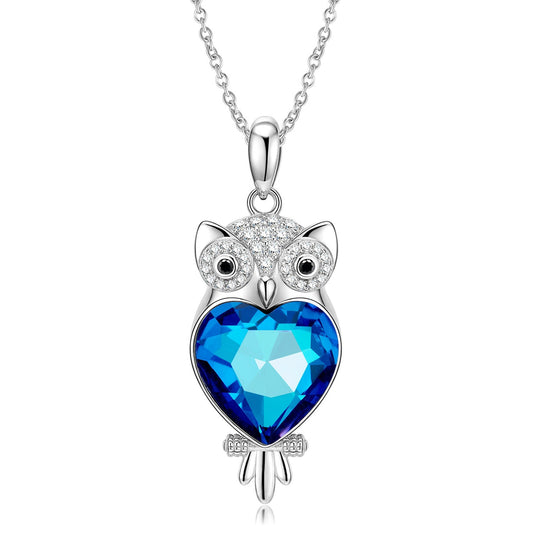 Owl S925 Silver Blue Crystal Necklace Pendant With Love - Rhyme - and - Chain