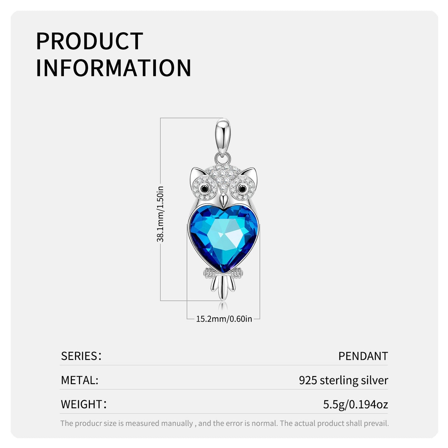 Owl S925 Silver Blue Crystal Necklace Pendant With Love - Rhyme - and - Chain