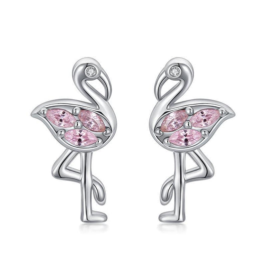 Pink Flamingo CZ Stud Earrings in White Gold Plated Sterling Silver - Rhyme - and - Chain