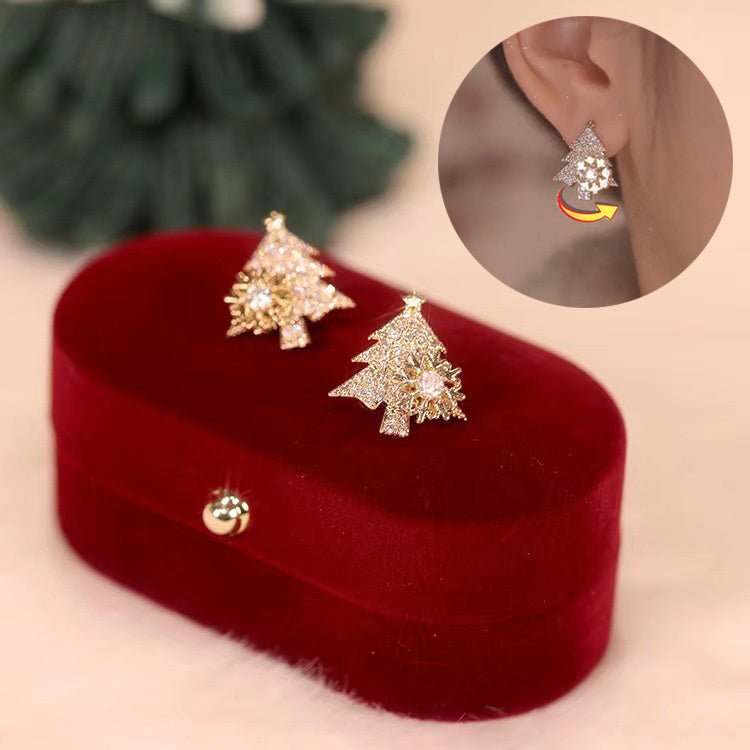 Rotatable Christmas Tree Earrings Shiny Rhinestone Snowflake Stud - Rhyme - and - Chain