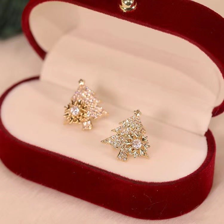 Rotatable Christmas Tree Earrings Shiny Rhinestone Snowflake Stud - Rhyme - and - Chain