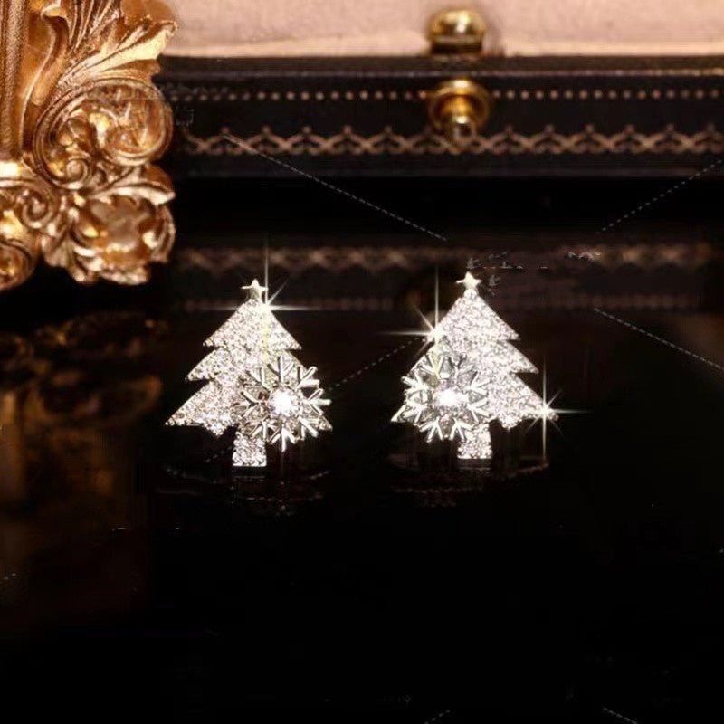 Rotatable Christmas Tree Earrings Shiny Rhinestone Snowflake Stud - Rhyme - and - Chain