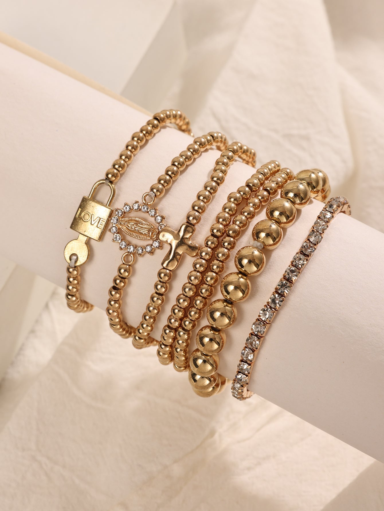 Round Bead Diamond Shaped CCB Handmade Bead Elastic Bracelet 5 - piece Set - Rhyme - and - Chain