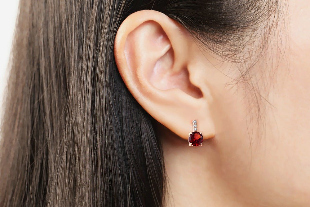 Round Garnet Natural Gem Earrings - Rhyme - and - Chain