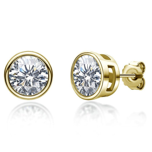 Round Moissanite Bezel Stud Earrings - Rhyme - and - Chain